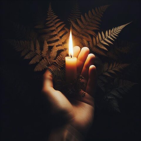 human hand-candle-leaves-dark background
